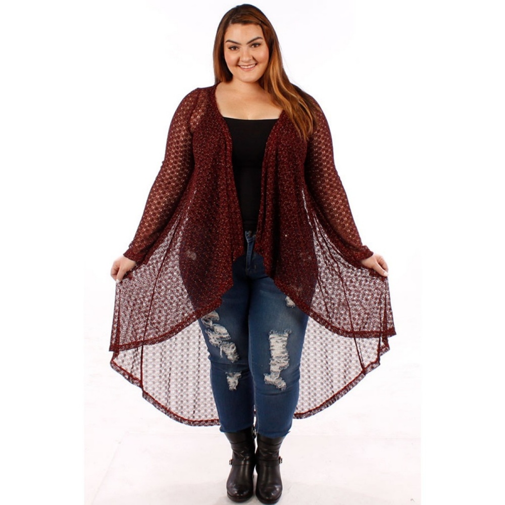 1x-3x Plus Size Burgundy Lace Lurex Cardigan 123X - Picture 3 of 6